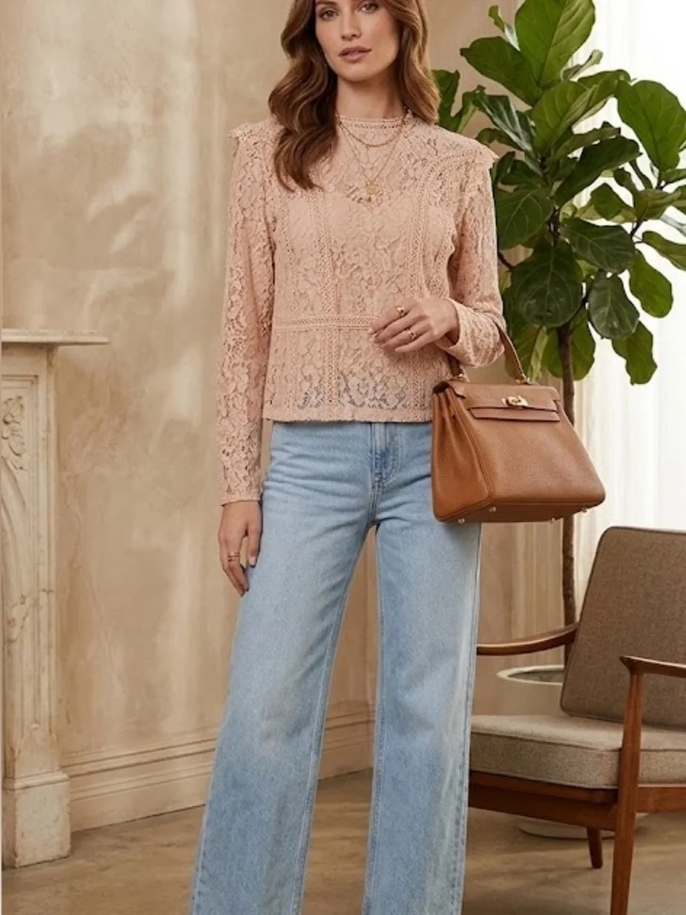 Zara long sleeve nude floral lace cropped top with zippered closure  | worn once